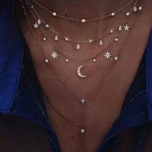 Gold Multichain Boho Crystal Moon Star Necklace